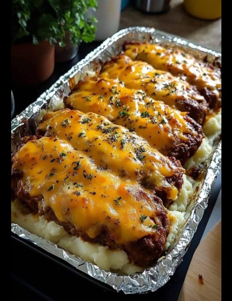 Cheesy Meatloaf on Mashed Potatoes